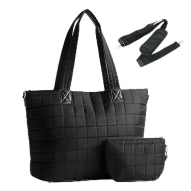 Imagem de VNIMTI Bolsa feminina leve e acolchoada com zíper, bolsa de ombro grande acolchoada para trabalho, viagens, academia, Preto