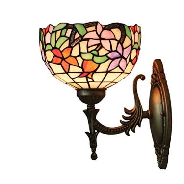 Imagem de Arandela de parede floral vintage estilo Tiffany, 20 cm, estilo campestre, feita à mão em vitral, para cabeceira, ideal para quarto, sala de estar e corredor, potência máxima de 40 W.