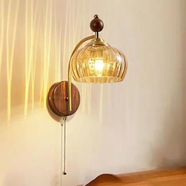 Imagem de Luminária de parede de vidro para interiores, luminária de parede de madeira vintage com cúpula de cristal, iluminação de parede com interruptor, âmbar, luminária de cabeceira para interiore
