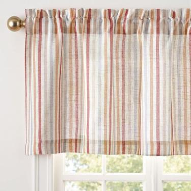 Imagem de jinchan Cortina para janela listrada de Natal texturizada de linho para sala de estar, filtro de luz, listras de tique-taque, sanefa para cozinha, bolso de varão, 1 painel, 40,6 cm, multi vermelho em