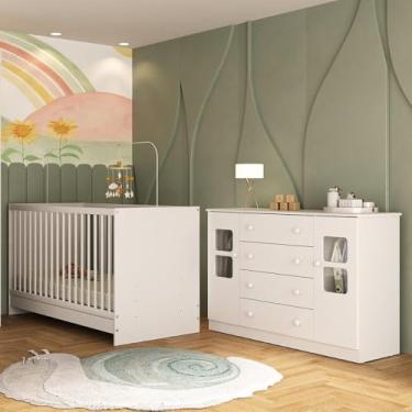 Imagem de Berço 3 em 1 para Colchão 130x60cm com Cômoda 2 Portas 4 Gavetas Brisa Multimóveis Mp4747 Branco