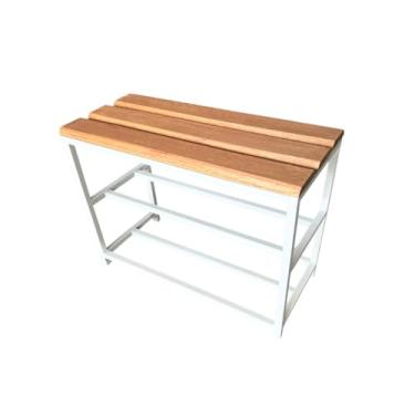 Imagem de Sapateira Banco Industrial 70cm Madeira 6 Pares Calçadeira Expositor Hall 2 Divisões Prateleira sapateira hall de entrada para Entrada, Hall ou Quart(Estrutura Branca)