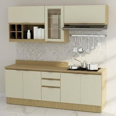 Imagem de Cozinha Modulada 8 Peças 2 Aéreos 1 Balcão 120cm e 1 de 80cm com 2 Portas Rodapé e Tampo Marrom