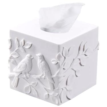 Imagem de Capa de caixa de lenços quadrada decorativa de mármore branco para pássaros, suporte de caixa de lenços resistente de resina, suporte de papel facial para bancada de banheiro, mesa de cabeceira de
