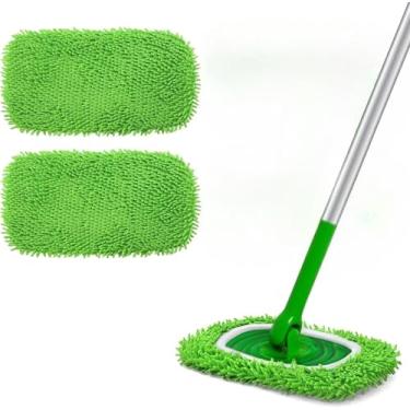 Imagem de Almofadas de esfregão de microfibra – Pacote com 2 refis laváveis reutilizáveis para limpeza de piso molhado e seco - Serve na maioria dos esfregões padrão - Almofadas de limpeza doméstica verdes