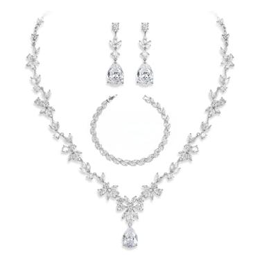 Imagem de ROFARWORD Conjunto de joias florais elegantes para mulheres/noivas/damas de honra, conjunto de joias de cristal para casamento, formatura, festa, noiva, cristal, colar, brincos, conjunto de pulseiras,