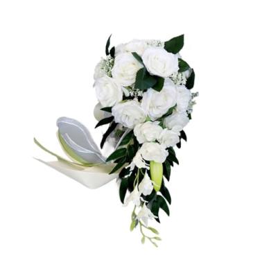 Imagem de Buquê de casamento com cachoeira rosa - Arranjo de flores de dama de honra para festa de casamento (branco)