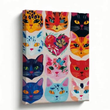 Imagem de Arte em tela de rosto de gato, 20 x 25 cm, cabeças de gato coloridas com desenhos florais, arte de parede de animais fofos para sala de estar, escritório, decoração de quarto