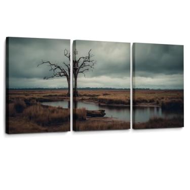 Imagem de CANLUNTE Moody Landscape Wall Art Triptych | Conjunto de impressão em tela de 3 painéis | Pintura abstrata de árvore | Decoração moderna em tom de terra para sala de estar, quarto acima da cama ou