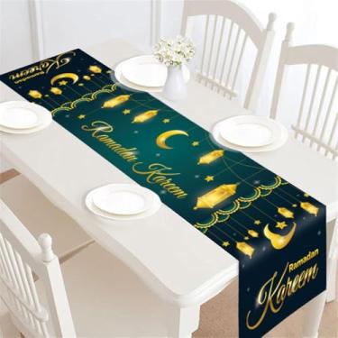 Imagem de Caminho de mesa Eid Mubarak, decorações de Ramadã Kareem verde dourado com padrão de lua e lanterna estrela, corredores de mesa de jantar de cozinha para decoração de feliz feriado islâmico e