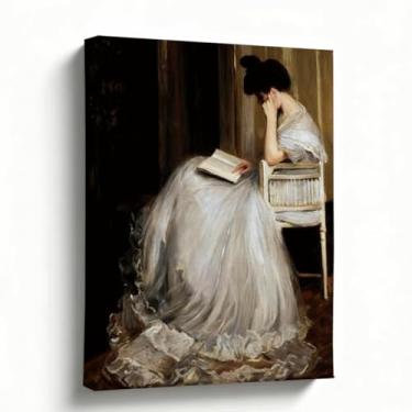 Imagem de Arte de parede em tela, leitura clássica de mulher em vestido branco, reprodução de pintura a óleo impressionista, impressão de arte de museu vintage para sala de estar quarto decoração de escritório