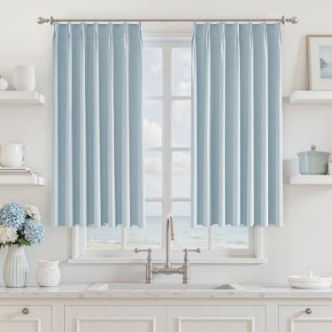 Imagem de BSfullts Cortinas blackout de 100 cm de comprimento para quarto e sala de estar plissado azul claro 100% escurecimento do ambiente, redução de ruído, cortinas de linho com isolamento térmico, conjunto