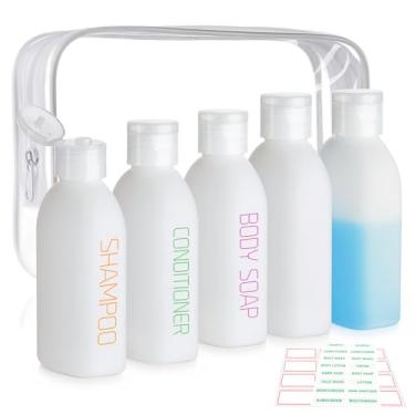 Imagem de Cosywell Frascos de viagem para artigos de higiene pessoal, pacote com 5 recipientes pré-impressos e macios de HDPE tamanho de viagem – 97 g TSA Aprovado frascos de xampu e condicionador recarregáveis