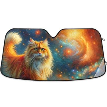 Imagem de Guarda-sóis de carro com estampa de gato espacial personalizado para para-brisa dobrável para para-brisa dianteiro estampa animal S, 134,6 cm x 59,7 cm