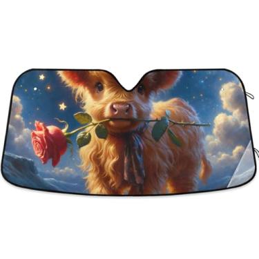 Imagem de Guarda-sol bonito de vaca Highland personalizado para para-brisa de carro bonito retrátil dobrável caminhão carro sombra para-brisa frontal automotivo M, 139,7 cm x 70,1 cm