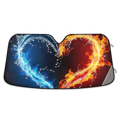 Imagem de Guarda-sol personalizado coração fogo água preto carro para-brisa engraçado dobrável caminhão carro persianas para protetor de janelas dianteiras M, 139.7 cm x 70.1 cm
