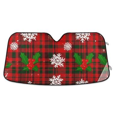 Imagem de Guarda-sol xadrez tartan vermelho verde de Natal personalizado para para-brisa de carro retrátil dobrável animal capa de para-brisa automotivo protetor solar M, 139,7 cm x 70,1 cm