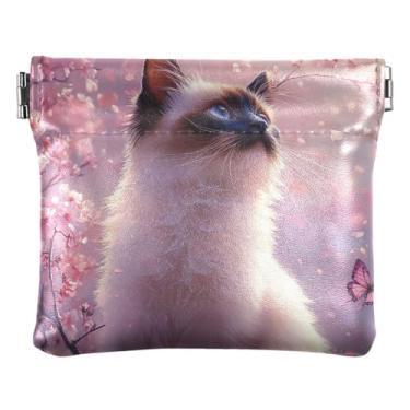 Imagem de Carteira feminina personalizada para moedas e bolsas fofas flor de cerejeira gato siamês bolsa de troca de moedas, Lindo gato siamês cereja floral, one size, Minimalista moderno