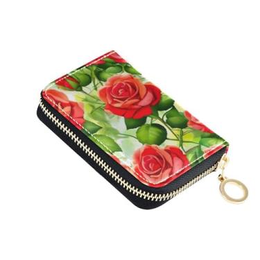 Imagem de Carteira feminina colorida de couro, 9 compartimentos para cartão de crédito e 2 compartimentos para dinheiro, rosas vermelhas vívidas, folhas verdes, zíper e chaveiro