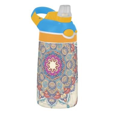 Imagem de Garrafa de água infantil floral mandala colorida para escola, 473 ml Tritan 473 ml garrafa de água esportiva com canudo, copo infantil à prova de vazamento, reutilizável, alça de transporte