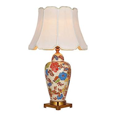 Imagem de Abajur de mesa nórdico simples em cerâmica com cúpula de tecido chinês, luminária de mesa criativa pintada à mão em estilo Chinoiserie para sala de estar e quarto.