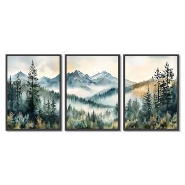 Imagem de 3 peças de arte de parede floresta nebulosa impressão aquarela montanha decoração de parede paisagem natureza árvore abstrata pintura moderna para sala de estar (SKU2-3PCS, 20,3 x 30,5 cm = (20 x 30