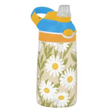 Imagem de Cute Daisies Garrafa de água infantil verde folhas bege com canudo 473 ml 473 ml Garrafa de água de plástico Tritan à prova de vazamento, copo infantil portátil, reutilizável, alça de transporte