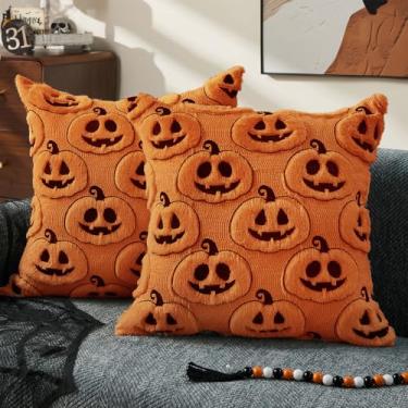Imagem de DFXSZ Capas de travesseiro de Halloween 50,8 x 50,8 cm, conjunto de 2 capas de almofadas pretas laranja de abóboras de Halloween macias de pelúcia sintética de lã para sofá, cadeira, sala de estar