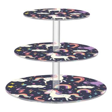 Imagem de Unicórnios fofos roxos para cupcake de festa de chá com 3 camadas de acrílico redondo para exibição de copo de torre de bolo, estampa animal, bandeja de servir para festa de chá, suporte de comida