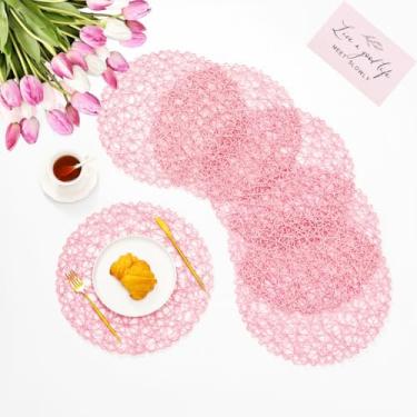 Imagem de IcosaMro Jogo americano de tecido redondo conjunto de 12 para mesa de jantar, 38 cm de papel boho decorativo círculo, tapetes para casamento, Natal, Dia de Ação de Graças, feriado e jantar (rosa)
