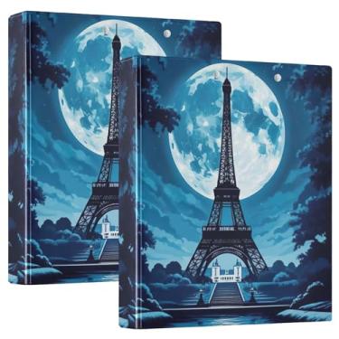 Imagem de Fichários de 3 anéis personalizados Torre Eiffel Noturna, Lua Noturna, 3 polegadas, comporta 200 folhas, pastas, caderno, impressão, anel redondo, fichário de escritório, 31,5 x 27 x 6 cm, 1 pacote