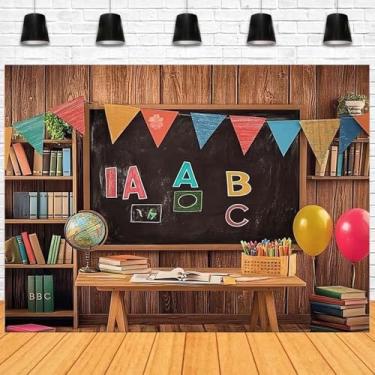 Imagem de Faixa "Welcome Back to School" com tema vibrante para sala de aula, cartas, livros, quadros-negros e globos pano de fundo para o primeiro dia de escola, escritório, sala de aula, decoração de festa (C