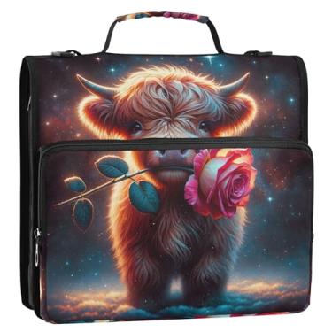 Imagem de Lindo organizador de fichário de vaca Highland com zíper, 3 anéis, 3 anéis, bolsa com alça para carteira escolar, suporte de 500 folhas