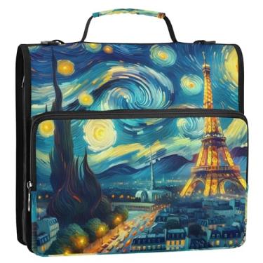 Imagem de Organizador de fichário de tecido com zíper, fichários de 3 cm, 3 anéis, resistente, noite estrelada, paris, toalha Eiffel, pasta de armazenamento com alça para fichários escolares com alça de ombro