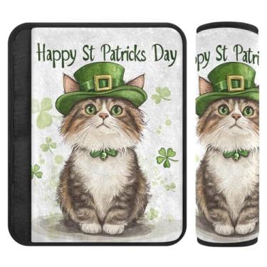 Imagem de Enchimento de cinto de segurança de flanela macia St Patrick Day Cute Cat para crianças com enchimento de algodão - Fecho de fita mágica ajustável para carros, bolsas