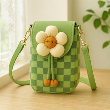 Imagem de Bolsa tiracolo feminina quadriculada floral, bolsa de ombro pequena estilo INS com fecho de zíper para passeios diários, Verde, Tendência