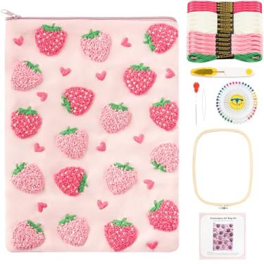 Imagem de Fiupan Kit faça você mesmo com agulha de punção – Bolsa de manga bordada para iniciantes com padrão de morango rosa para tablet e-reader, capa protetora, bolsa de manga para iniciantes, presentes de
