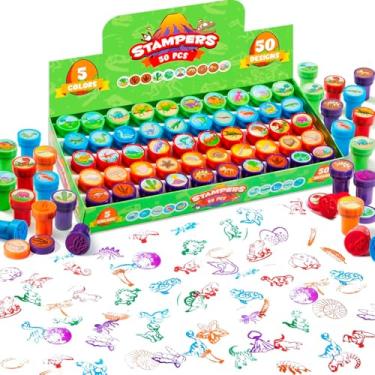 Imagem de JOYIN 50 peças de carimbos de dinossauro para crianças, 50 designs diferentes, fósseis, dinossauros marinhos, carimbos para sacolas de lembrancinhas de festa de dinossauro, recheios de ovos de Páscoa