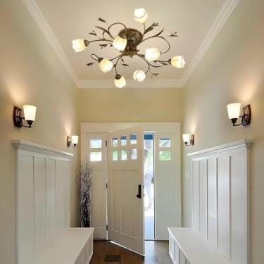 Imagem de Luminária de teto retrô em formato de flor, estilo campestre, em bronze antigo com cúpula de vidro fosco, lustre Sputnik antigo, ideal para cozinha, quarto e sala de estar.