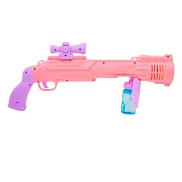 Imagem de Pistola Lança Bolhas Elétrica com Luzes, Automática, 1000+ Bolhas por Minuto, ABS, 41x8x19cm, Inclui 2 Refis 50ml, Pilhas AA, para Crianças (Rosa)