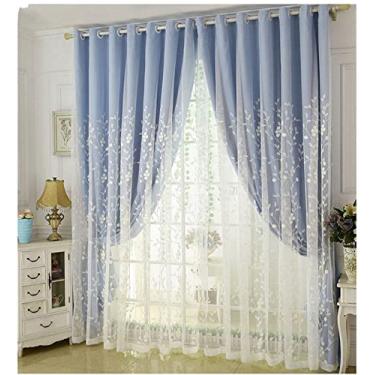 Imagem de Cortina blackout de camada dupla com sobreposição de tule bordado de renda branca, cortina blackout de voile com tratamento de janela de dois andares, cortina de isolamento de quarto de menina, sala