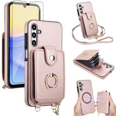 Imagem de Capa de telefone para Samsung Galaxy A15 5G/4G capa carteira destacável e protetor de tela anel com suporte transversal alça de cordão compatível com bloqueio MagSafe RFID A 15 G5 15A para mulheres