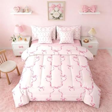 Imagem de Erosebridal Conjunto de cama de princesa com laço de fita de 7 peças, solteiro, quadriculado, com laço, kawaii, geométrico, fantasia, rosa, roxo, para crianças, meninas e mulheres