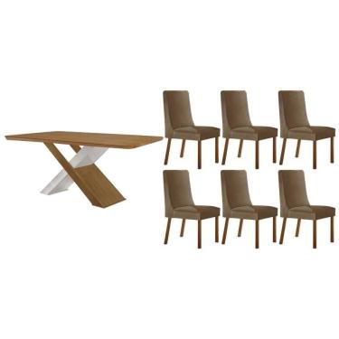 Imagem de Sala Jantar Mesa Imperatriz Tampo Curvo 180cm+6 Cadeiras Dakota Madeira Naturale/Off Wite - Capuccino/Suede Capuccino - Rufato