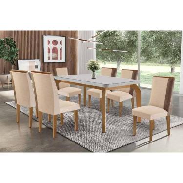 Imagem de Sala Jantar Mesa Londrina Tampo c/ Vidro Curvo 180cm+6 Cadeiras Tilia Madeira Naturale/Off White - Capuccino/Linho Bege - Rufato