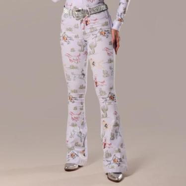 Imagem de Calça Jeans Branca Feminina Flare Estampada Desert Horse Moda Country 