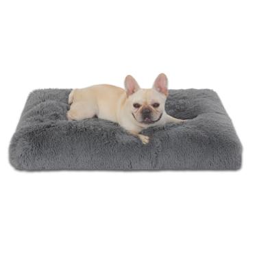 Imagem de Bedfolks Cama impermeável para cães, almofada de pelúcia para cães com capa removível, cama de cachorro de pele sintética para cães médios, cama de canil lavável fofa 74 x 53 cm, cinza escuro sólido