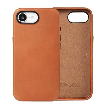 Imagem de FiitCASE Capa de couro compatível com iPhone 16e, compatível com carregamento magnético sem fio, ajuste fino, antiderrapante, capa protetora com botões de metal (6,1 polegadas) (marrom)