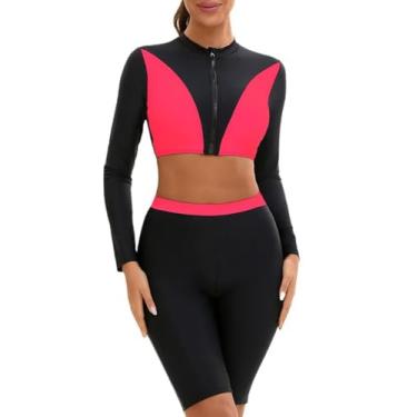 Imagem de Maiô feminino de duas peças de manga comprida Rash Guard com zíper frontal estampado proteção solar surf maiô rosa