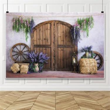 Imagem de Pano de fundo de porta de celeiro de madeira 2,1 x 1,5 m Tecido rústico decoração de festa de aniversário flores país fotos de casamento fundo roda de madeira feno feno pano de fundo de chá de bebê
